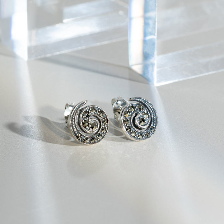 Art Nouveau Style Round Marcasite Spiral Stud Earrings in 925 Sterling Silver flatlay