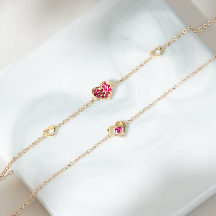 Classic Single Stone Round Ruby Love Heart Bracelet in 9ct Yellow Gold