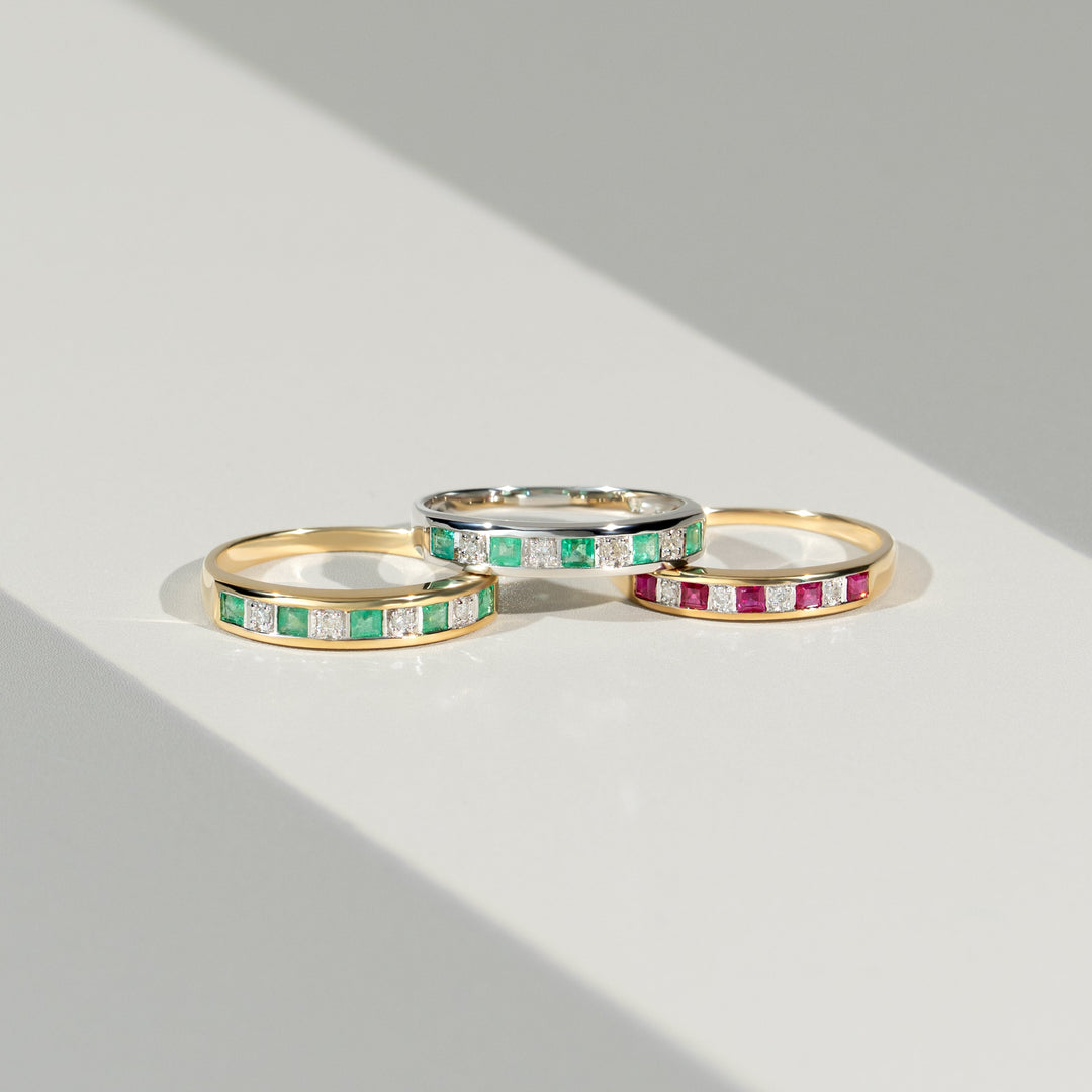 Classic Square Emerald & Diamond Half Eternity Ring 9ct White Gold