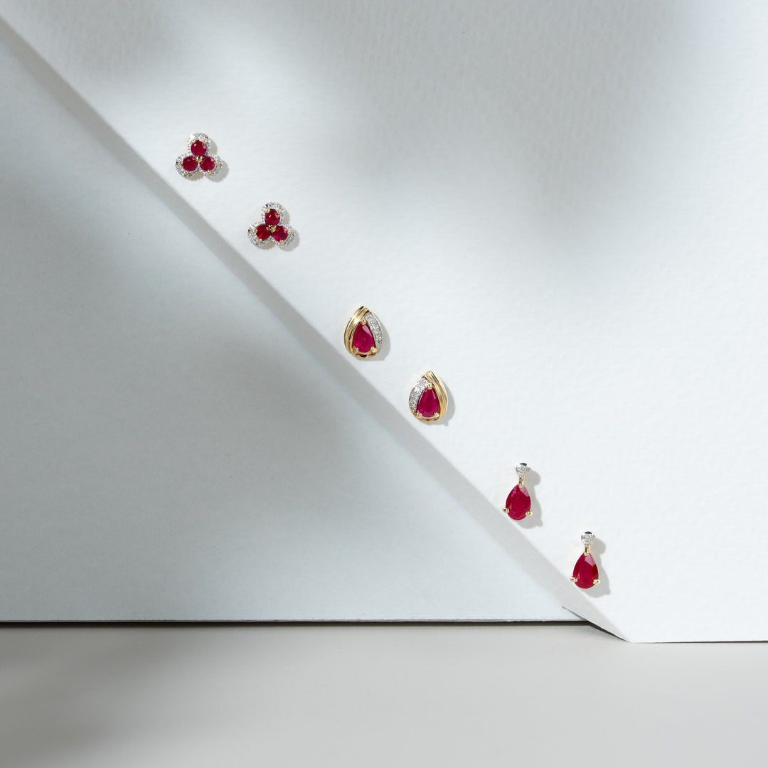Classic Pear Ruby & Diamond Tear Drop Stud Earrings in 9ct Yellow Gold