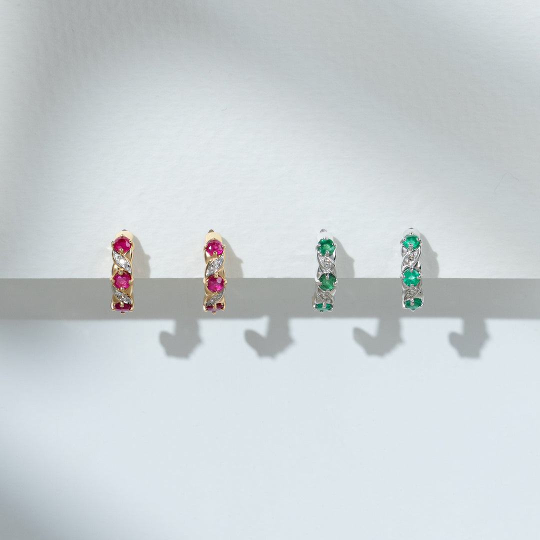 Art Nouveau Style Ruby & Diamond Half Hoop Earrings in 9ct Gold