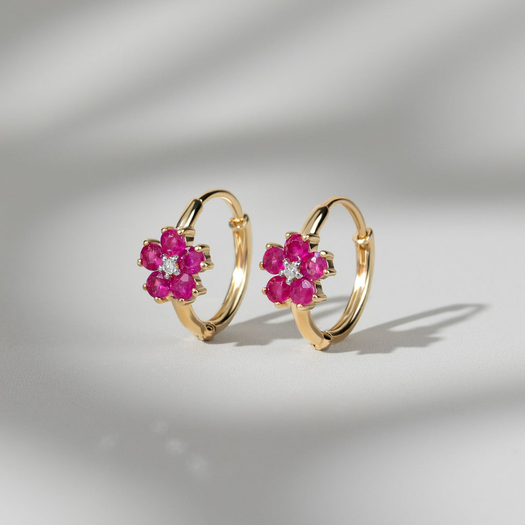 Floral Round Ruby & Diamond Hoop Earrings in 9ct Yellow Gold