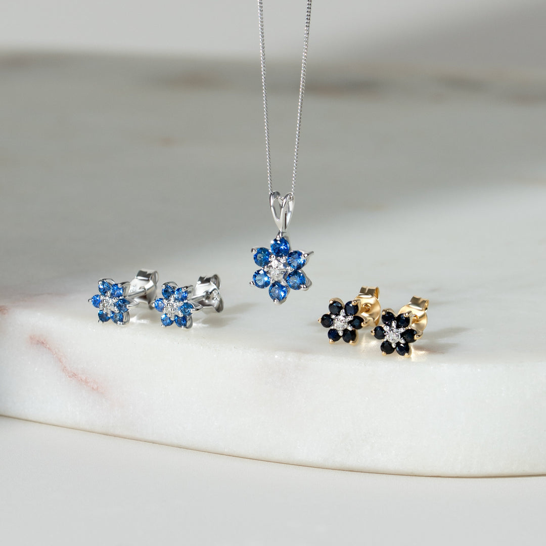 Floral Round Sapphire & Diamond Cluster Pendant in 9ct White Gold