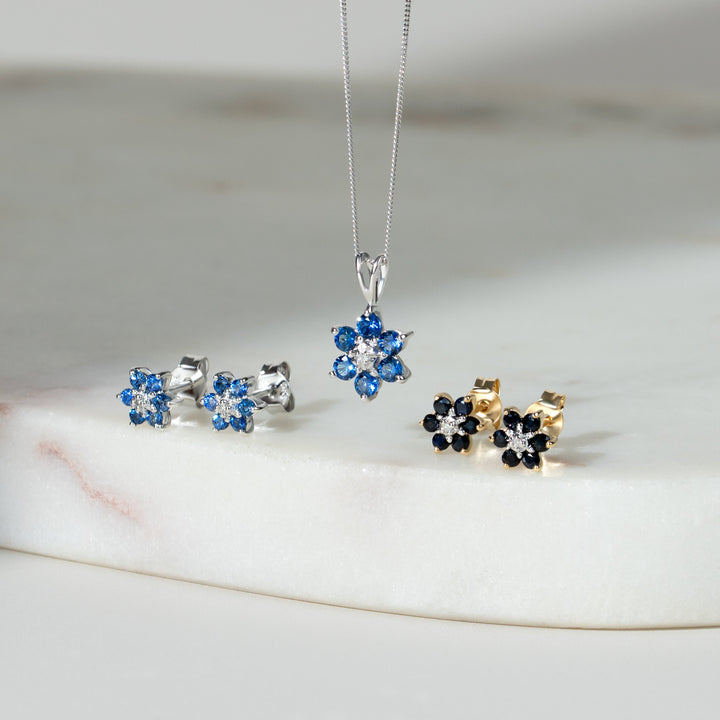 Floral Round Sapphire & Diamond Cluster Pendant in 9ct White Gold