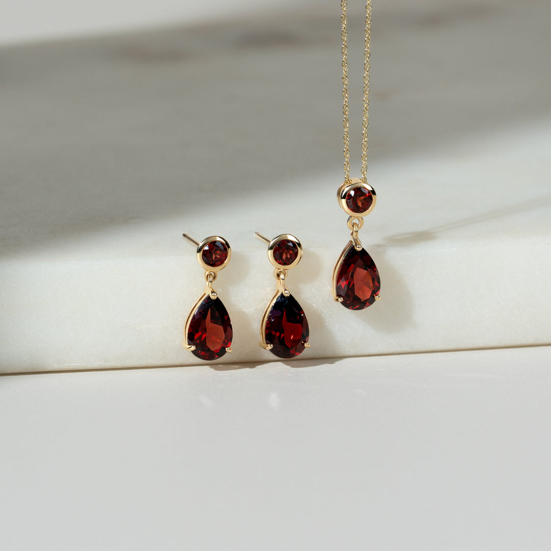Classic Pear & Round Garnet Drop Earrings & Pendant Set in 9ct Gold