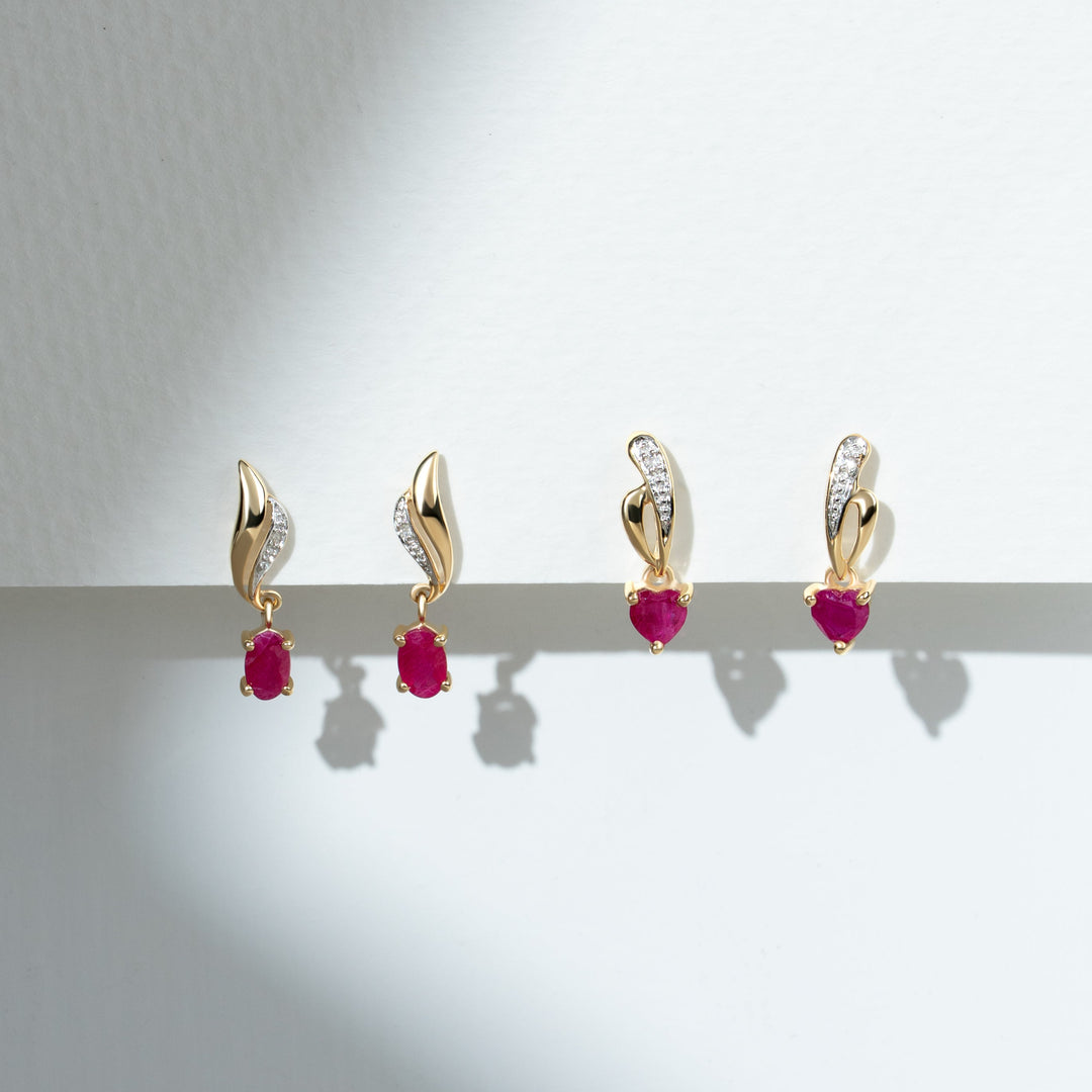 Art Nouveau Style Heart Ruby & Diamond Drop Earrings in 9ct Yellow Gold