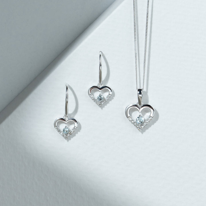 Classic Round Aquamarine & Diamond Heart Drop Earrings & Pendant Set in 9ct White Gold