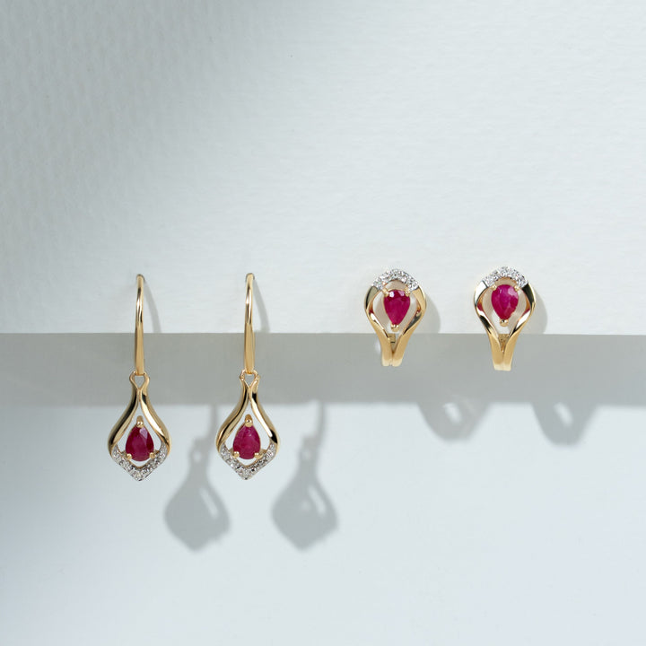 Classic Round Ruby & Diamond Leaf Halo Lever back Earrings in 9ct Yellow Gold