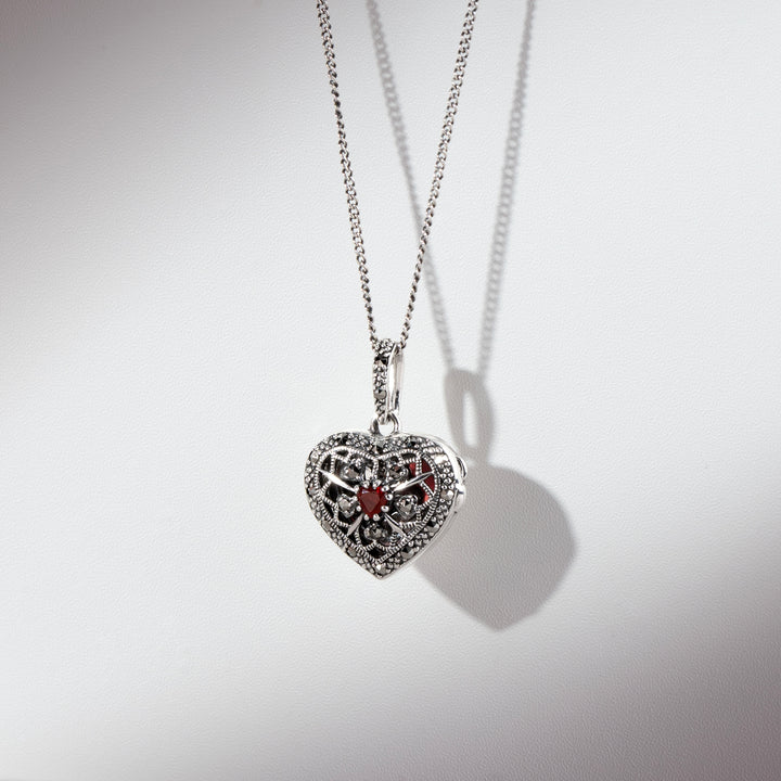 Art Nouveau Style Heart Carnelian & Marcasite Locket on Chain in 925 Sterling Silver