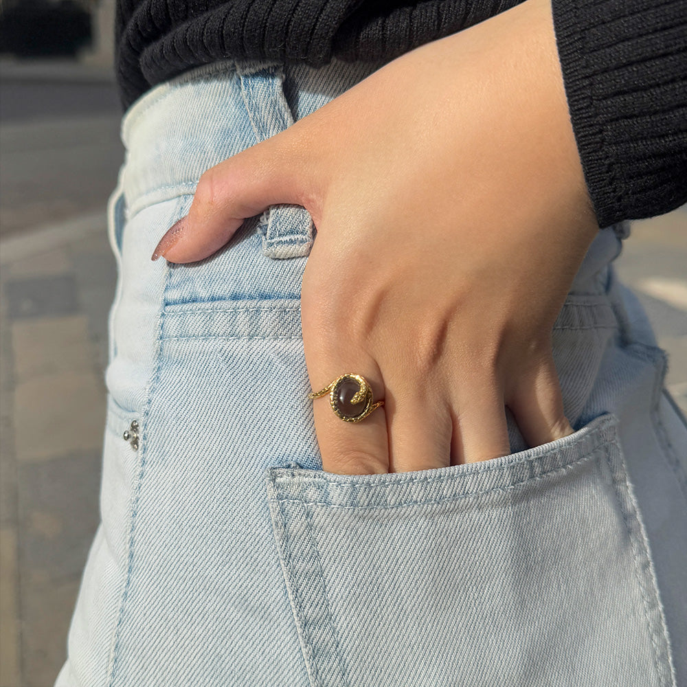 ECFEW™ Black Moonstone Winding Snake Ring In Gold Plated Sterling Silver