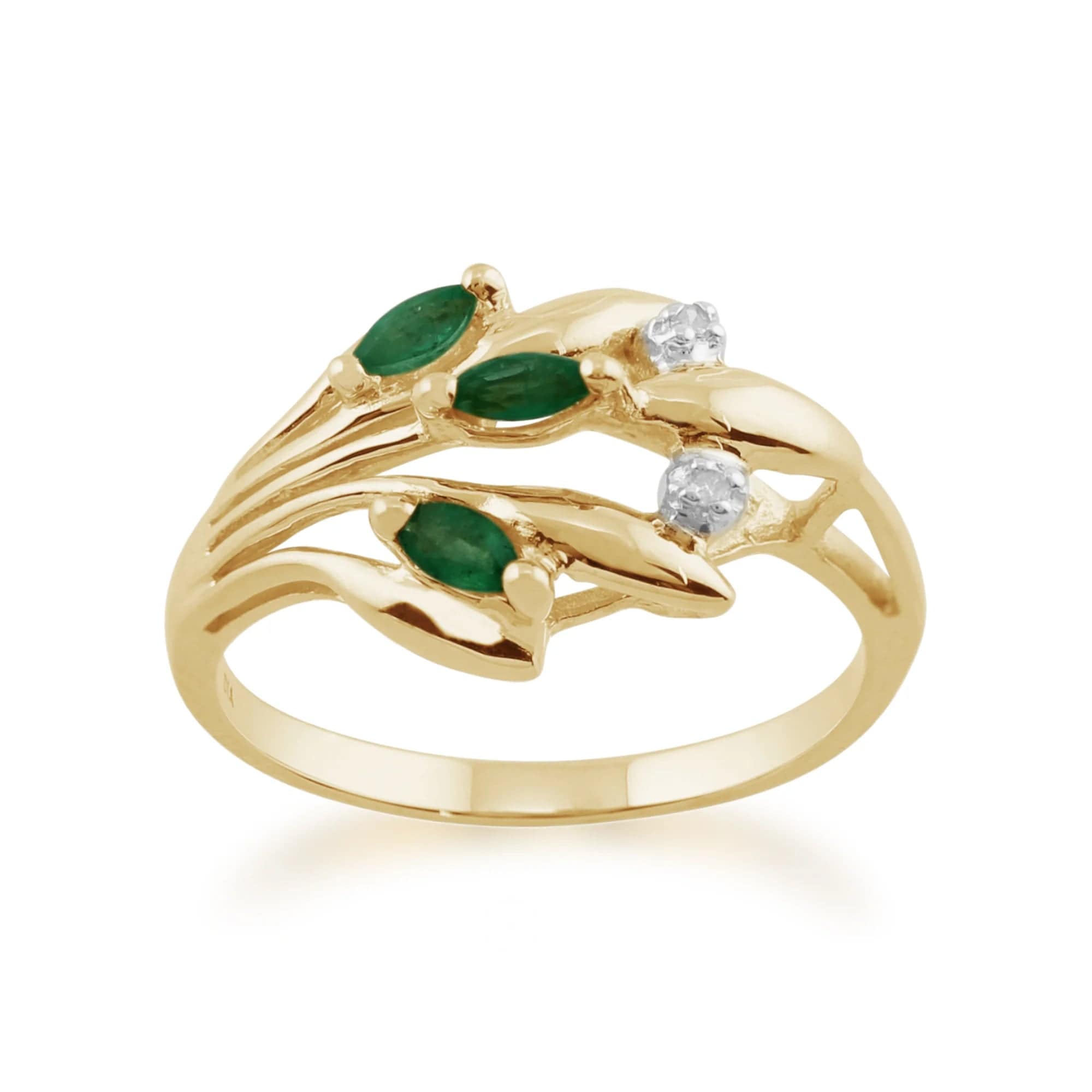 Floral Marquise Emerald & Diamond Ring in 9ct Yellow Gold