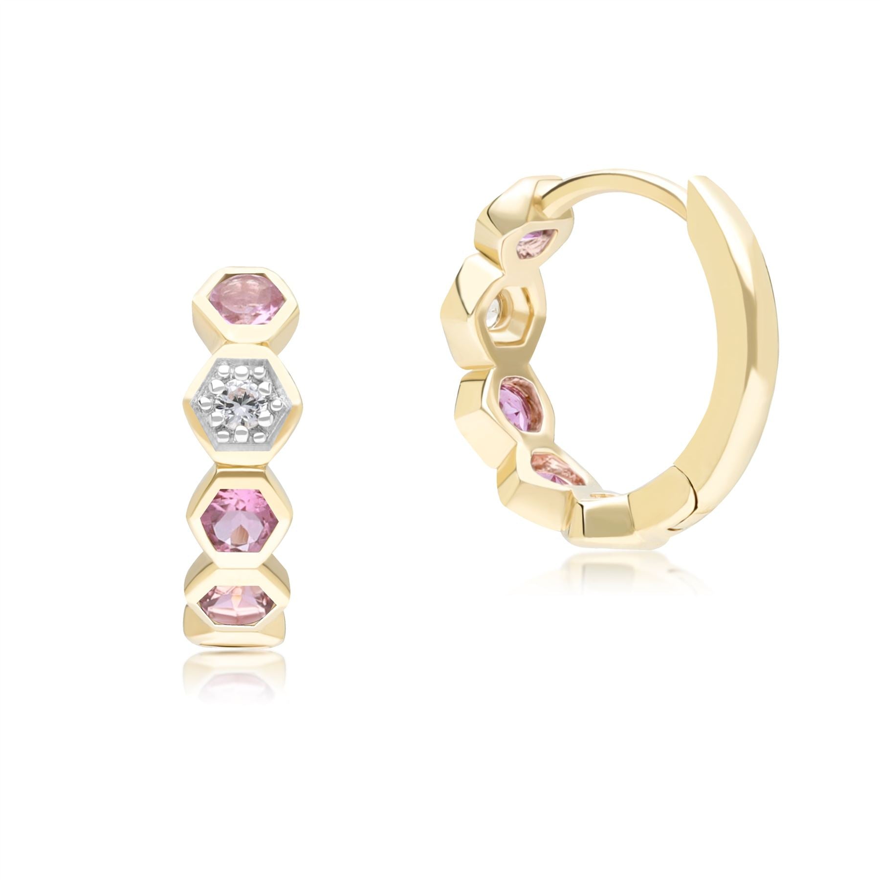 Geometric Round Pink Tourmaline and Sapphire Hoop Earrings in 9ct Yellow Gold Back