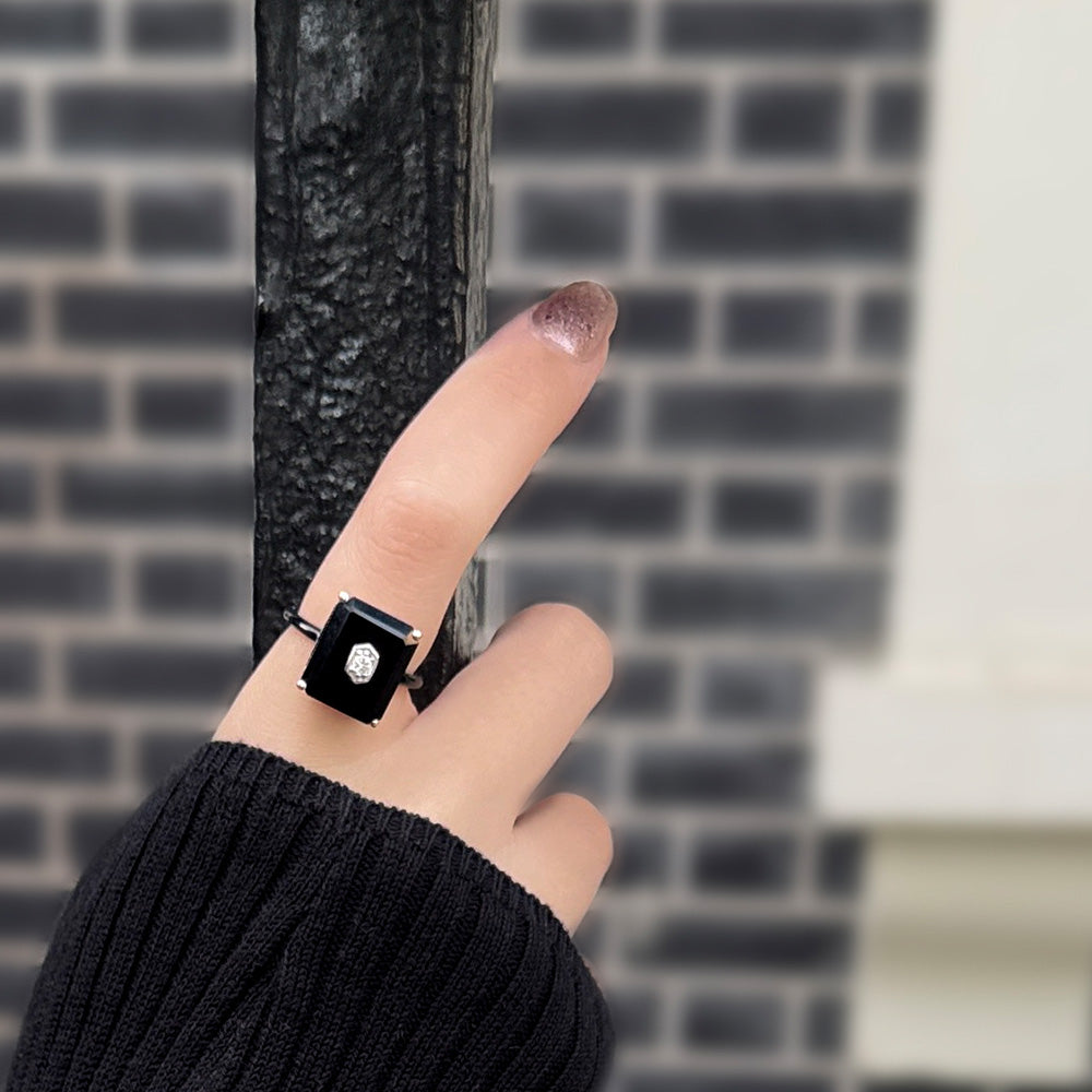 Grand Deco Black Onyx & Topaz Statement Ring In Sterling Silver