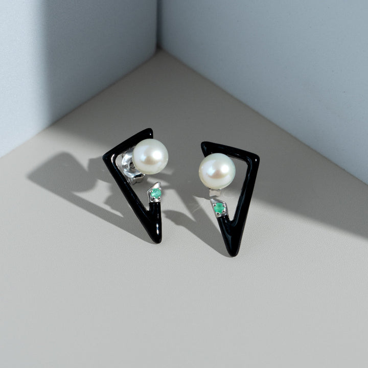 Grand Deco Enamel, Emerald & Pearl Retro Earrings In Sterling Silver flatlay