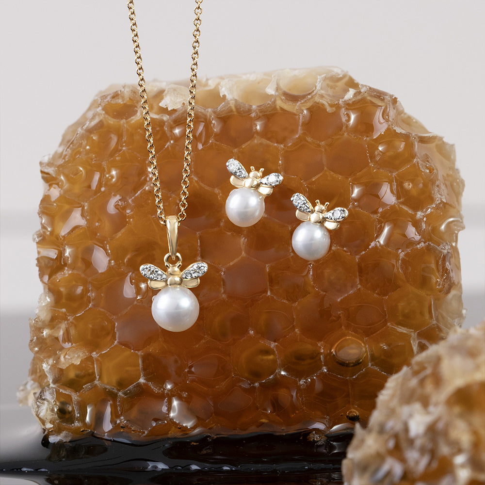 Honeycomb Inspired Pearl and Diamond Bee Stud Earrings in 9ct Yellow Gold