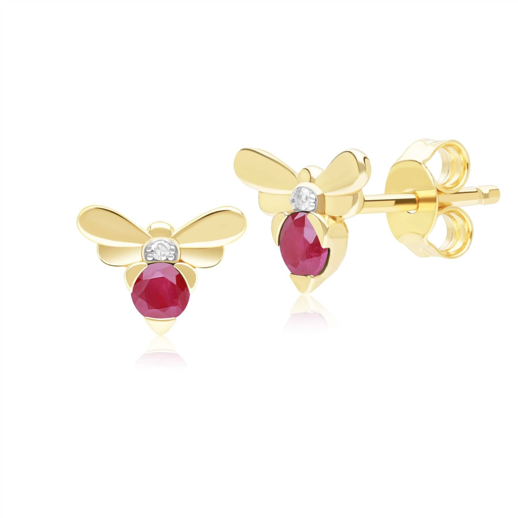 Honeycomb Inspired Ruby and Diamond Bee Stud Earrings in 9ct Yellow Gold Front  135E1872019