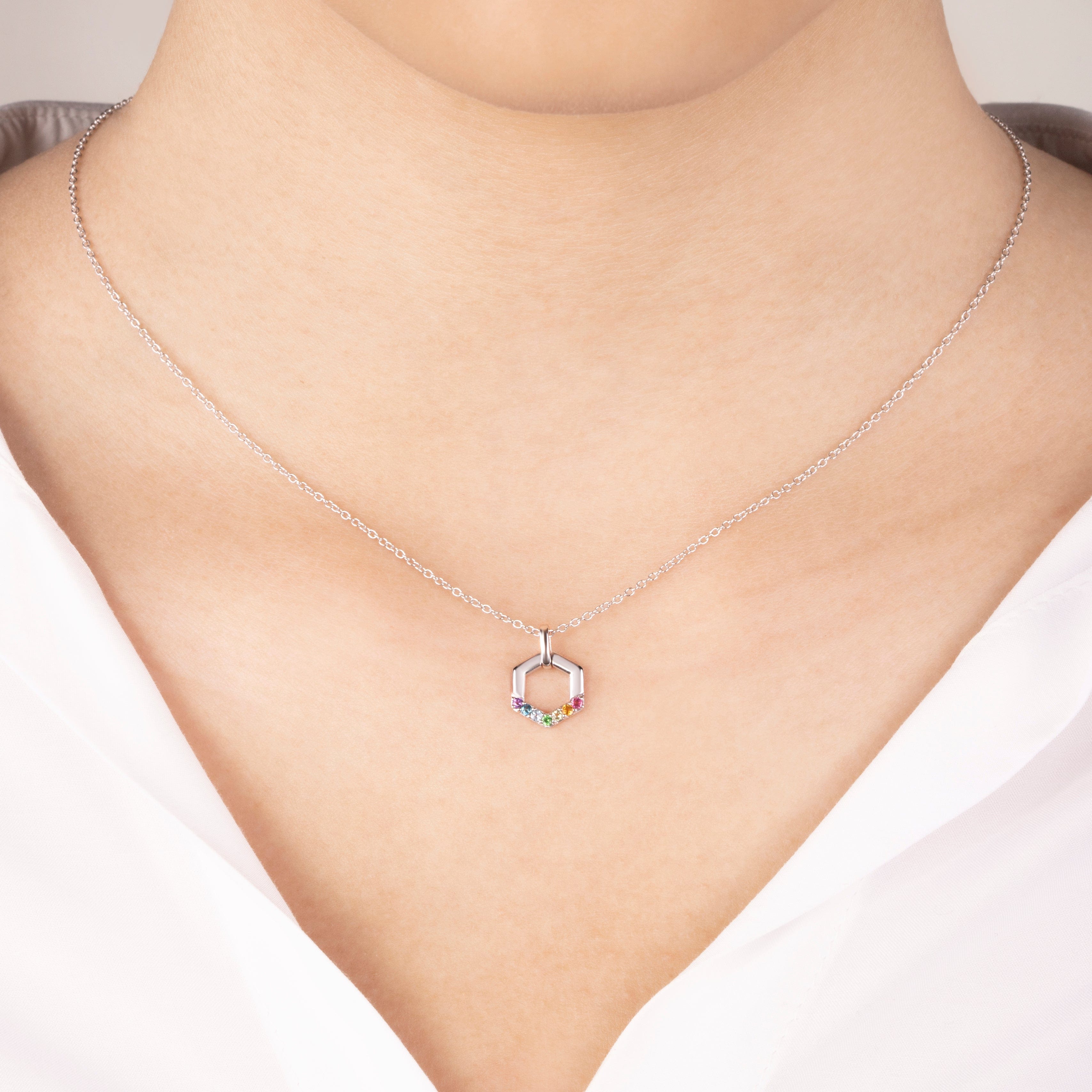 Rainbow Hexagon Necklace in 925 Sterling Silver