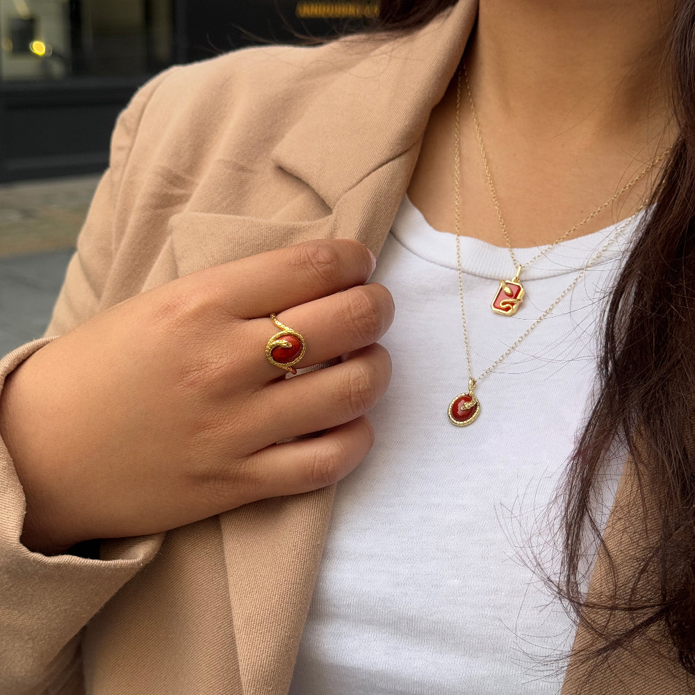 ECFEW™ Red Jasper Winding Snake Ring In Gold Plated Sterling Silver