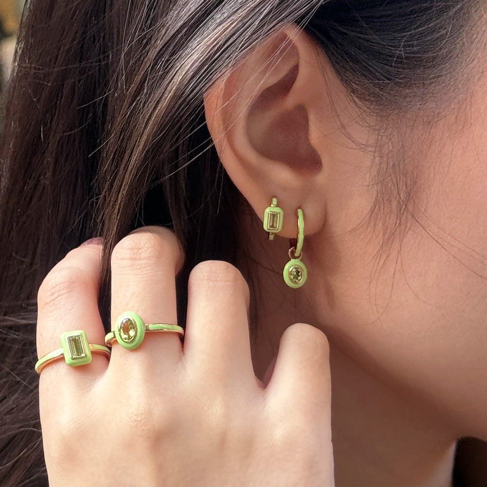 Siberian Waltz Green Enamel & Baguette Peridot Hoop Earrings in Rose Gold Plated Sterling Silver