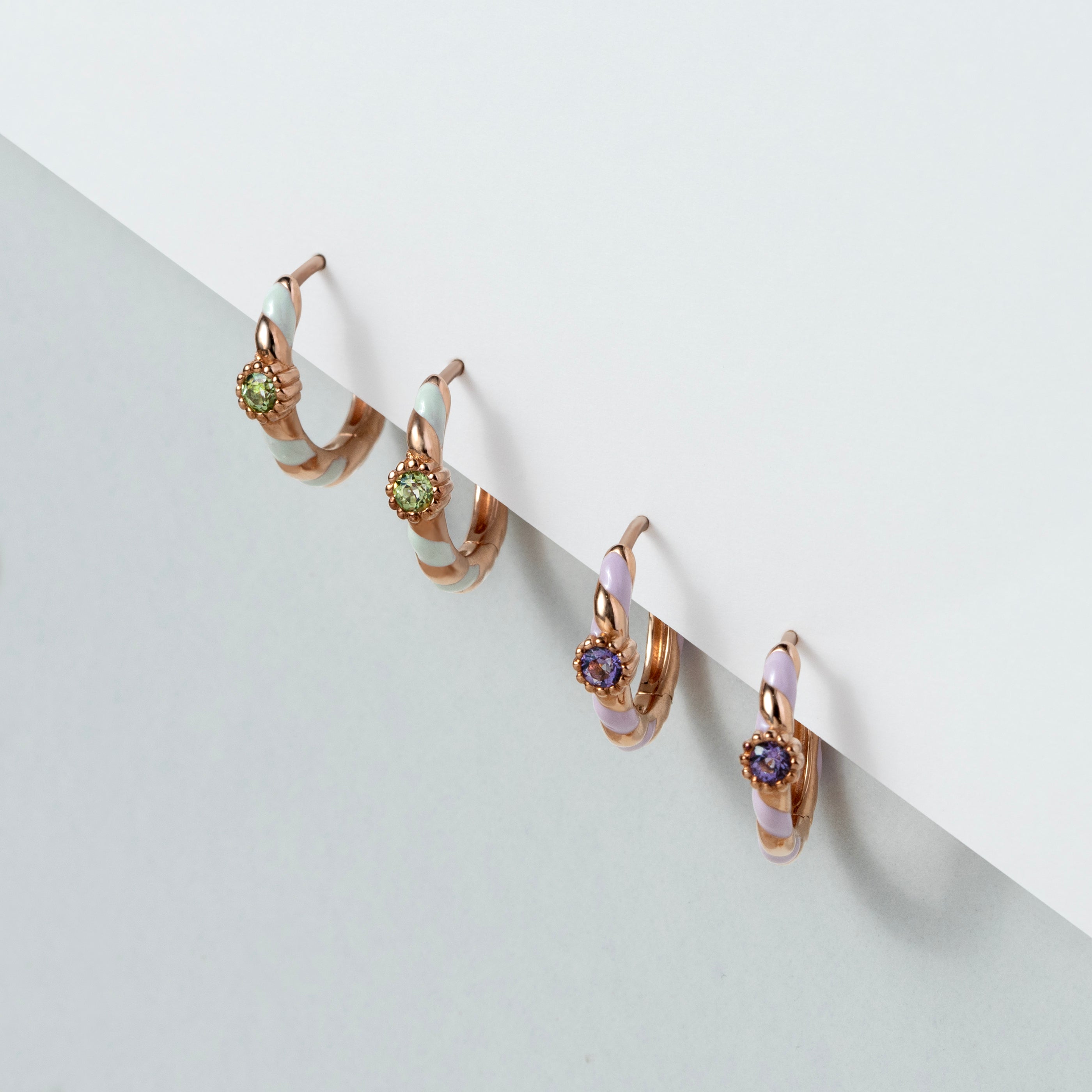 Siberian Waltz Green Enamel & Round Peridot, Violet Enamel & Round Pink Amethyst Hoop Earrings In 18ct Rose Gold Plated Sterling Silver