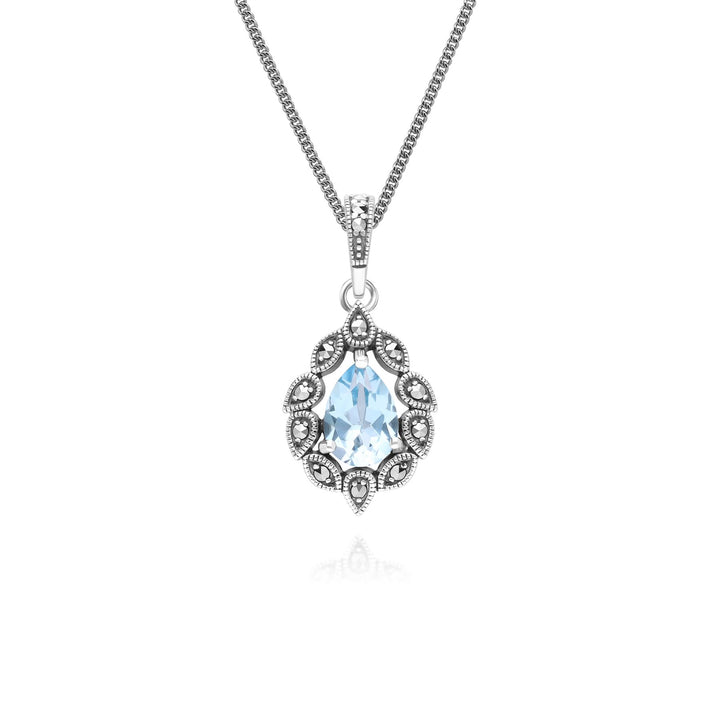 Art Deco Style Pear Blue Topaz & Marcasite Pendant Necklace in Sterling Silver