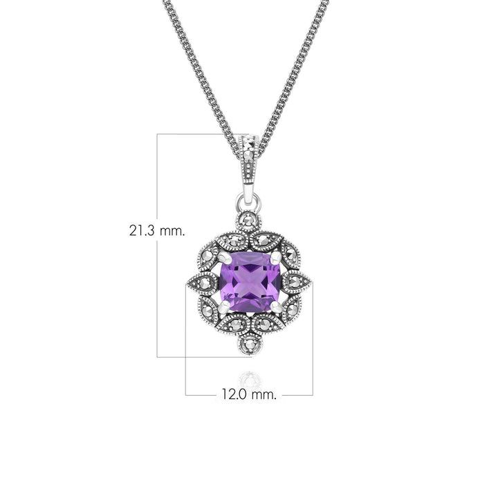 Art Deco Style Cushion Amethyst & Marcasite Pendant Necklace in Sterling Silver