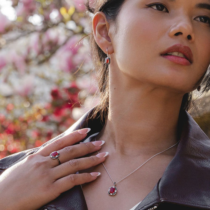 Grand Deco Black Enamel, Carnelian & Topaz Ring in Sterling Silver