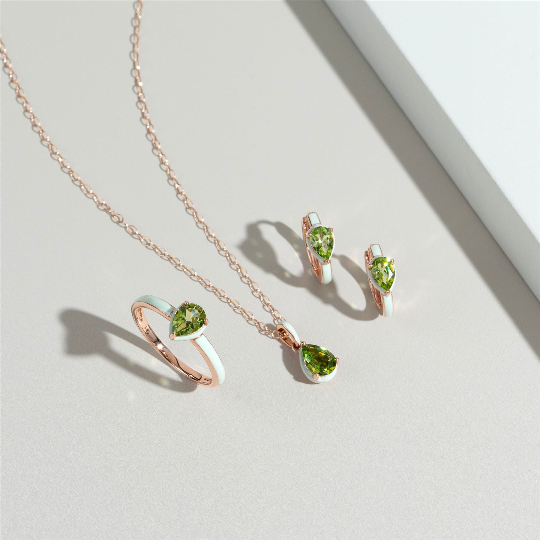 Siberian Waltz Green Enamel & Pear Peridot Ring In Rose Gold Vermeil