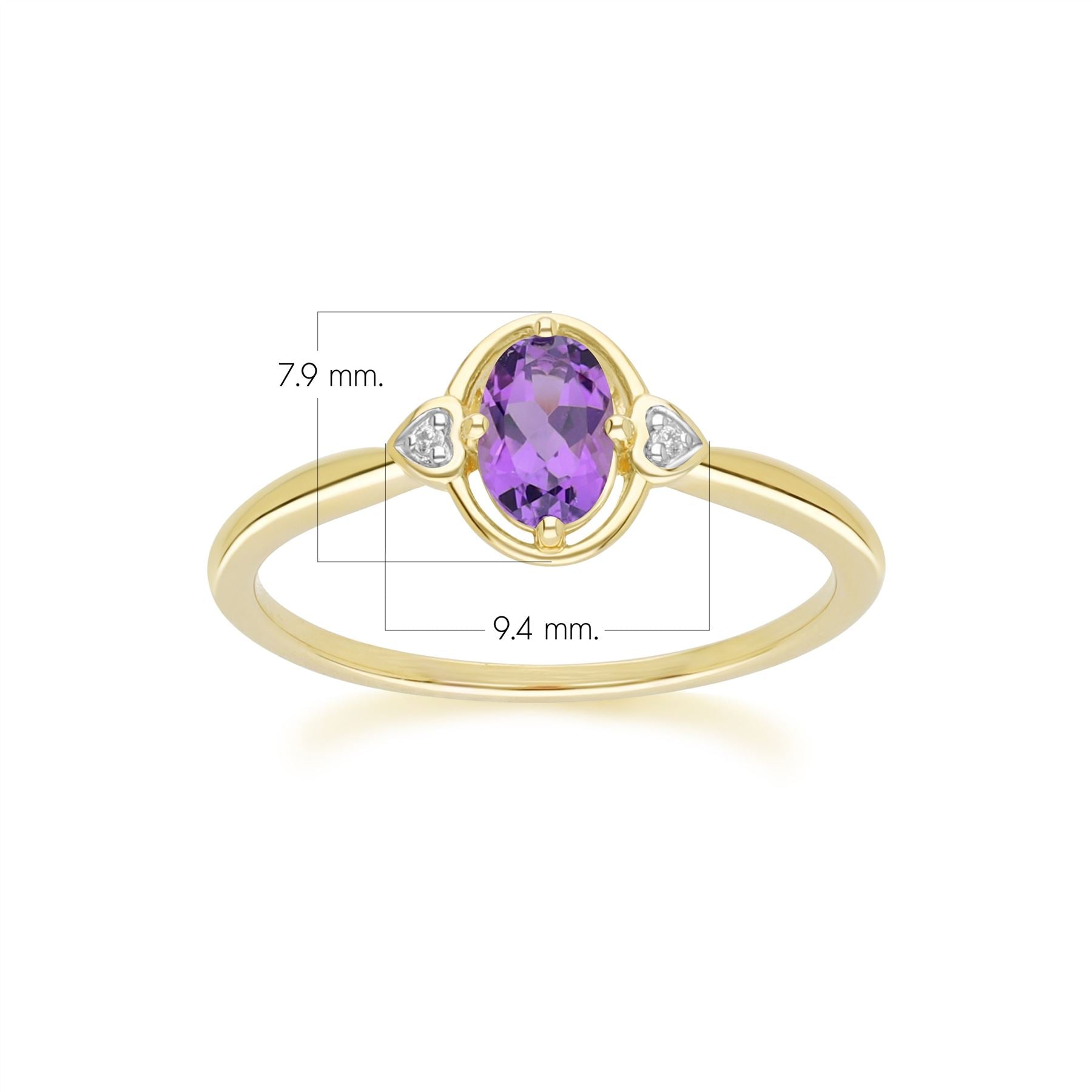 Classic Oval Amethyst & Diamond Heart Ring In 9ct Yellow Gold