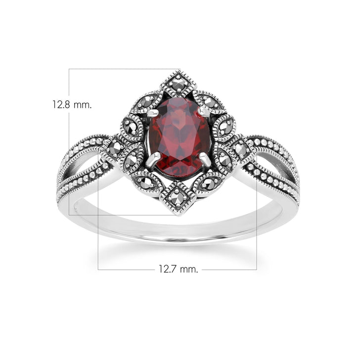 Art Deco Style Oval Garnet & Marcasite Ring in Sterling Silver