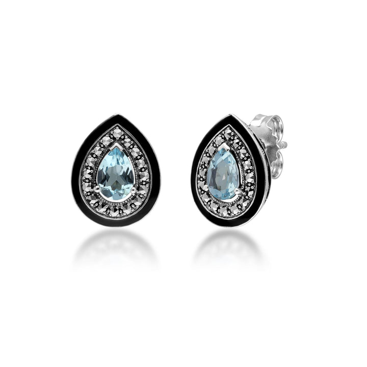 Art Deco Inspired Pear Cut Blue Topaz & Marcasite Stud Earrings