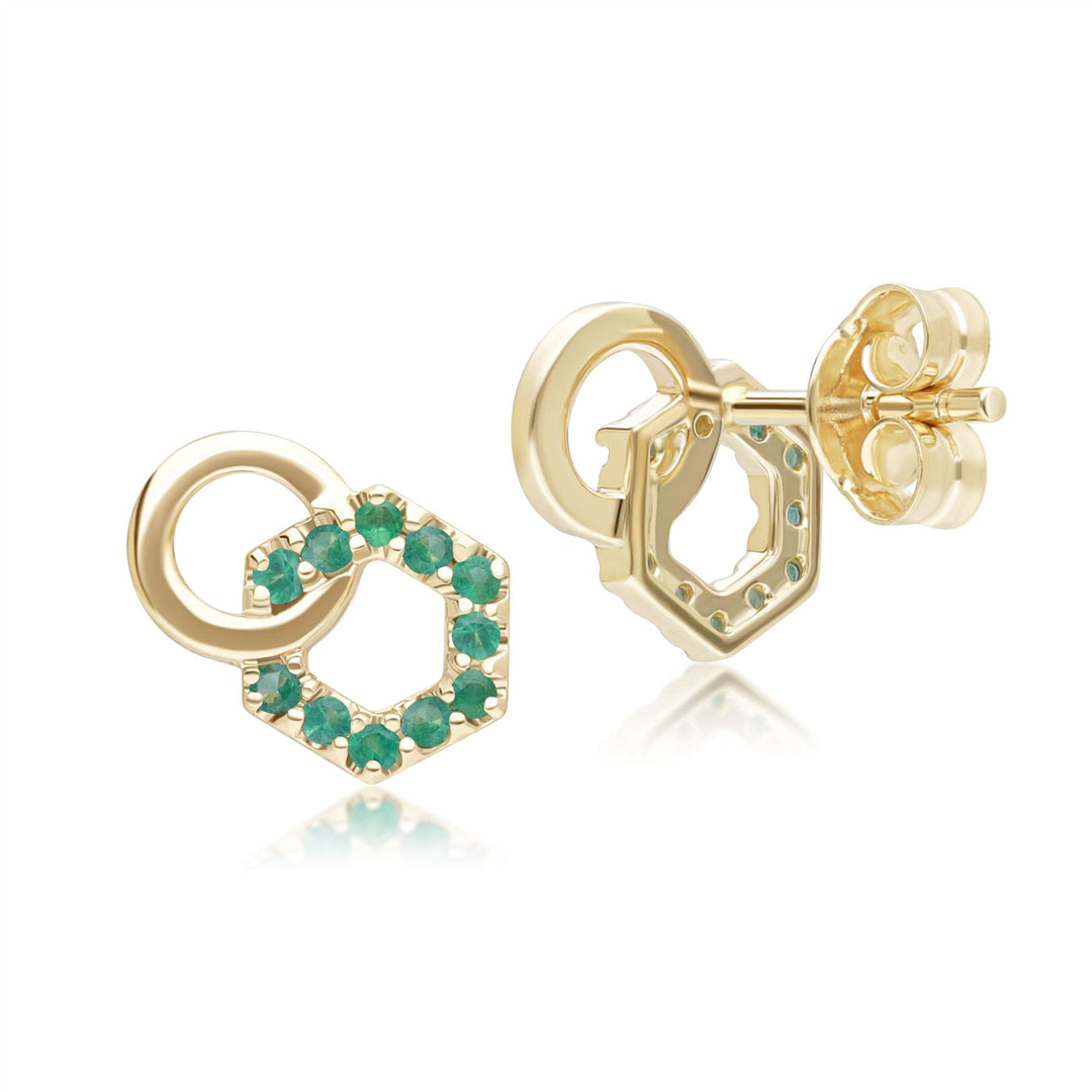 Geometric Hexagon and Round Linked with Prong set Emerald Stud Earrings in 9ct Yellow Gold