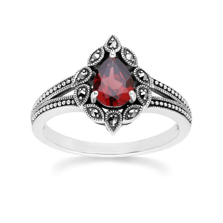 Art Deco Style Pear Garnet & Marcasite Ring in Sterling Silver