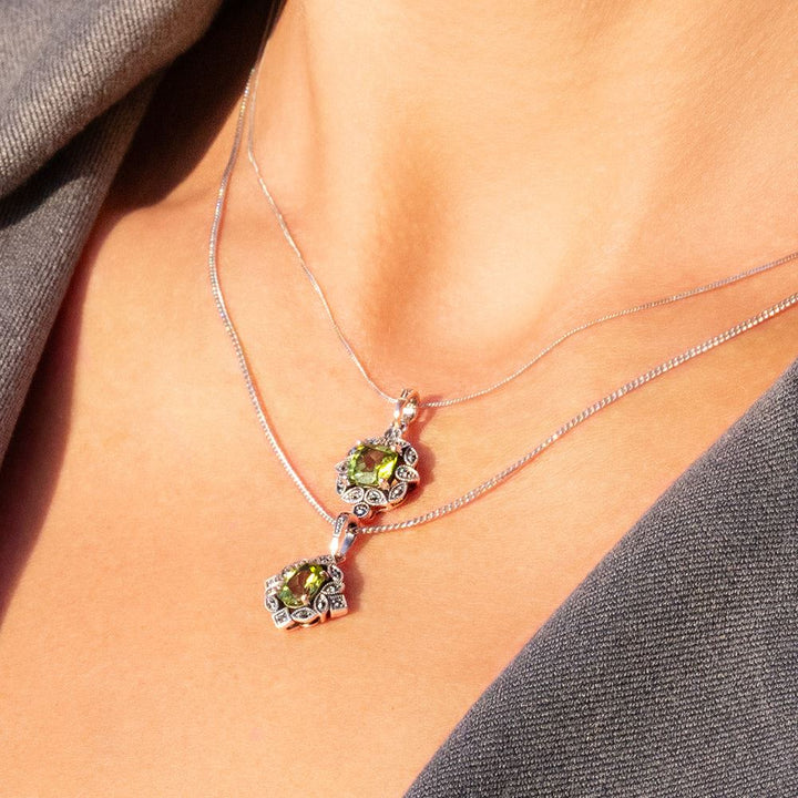 Art Deco Style Oval Peridot & Marcasite Pendant Necklace in Sterling Silver