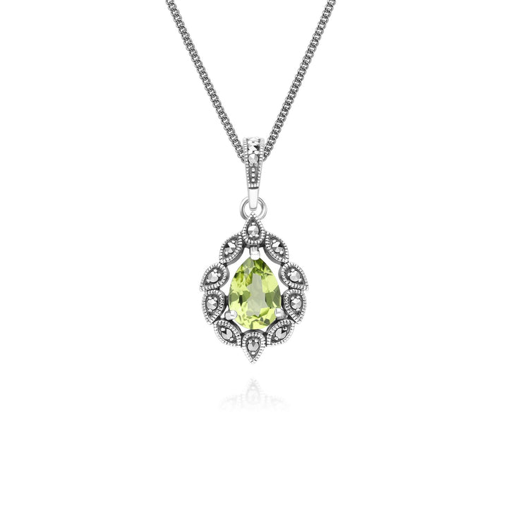 Art Deco Style Pear Peridot & Marcasite Pendant Necklace in Sterling Silver