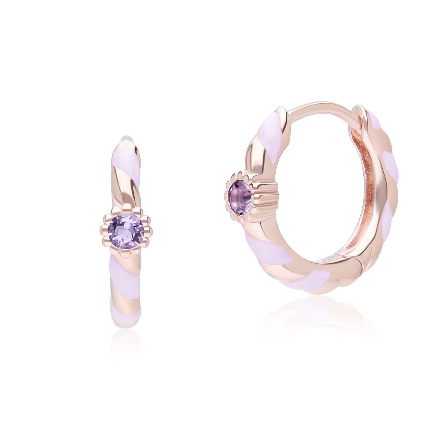 253E419202925 Siberian Waltz Violet Enamel & Round Pink Amethyst Hoop Earrings In 18ct Rose Gold Plated Sterling Silver Front