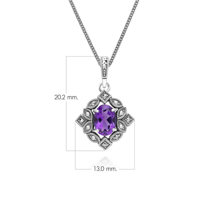 Art Deco Style Oval Amethyst & Marcasite Pendant Necklace in Sterling Silver