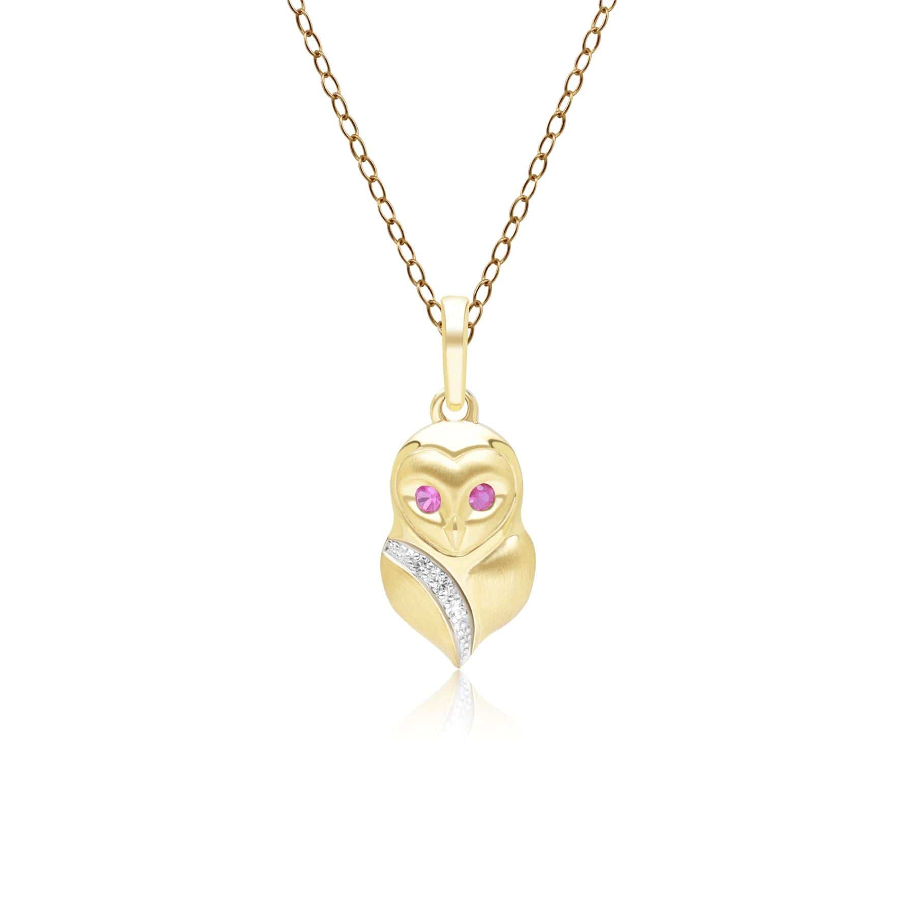135P2128019 Gardenia Ruby and White Sapphire Owl Pendant Necklace in 9ct Yellow Gold Front