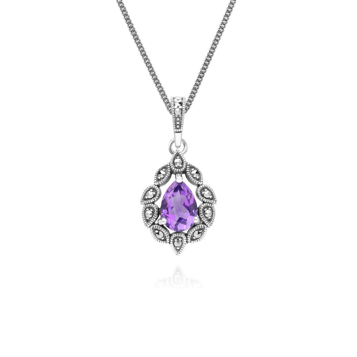 Art Deco Style Pear Amethyst & Marcasite Pendant Necklace in Sterling Silver