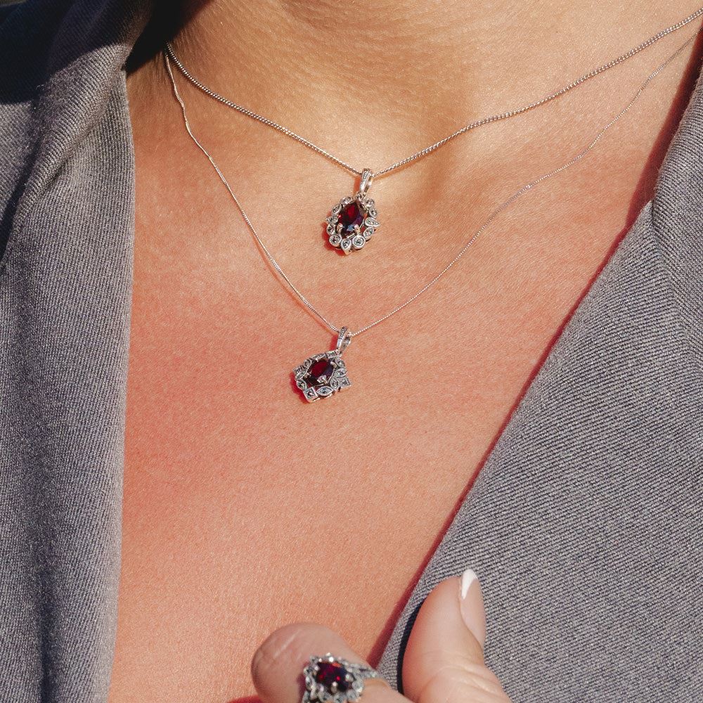 Art Deco Style Oval Garnet & Marcasite Pendant Necklace in Sterling Silver