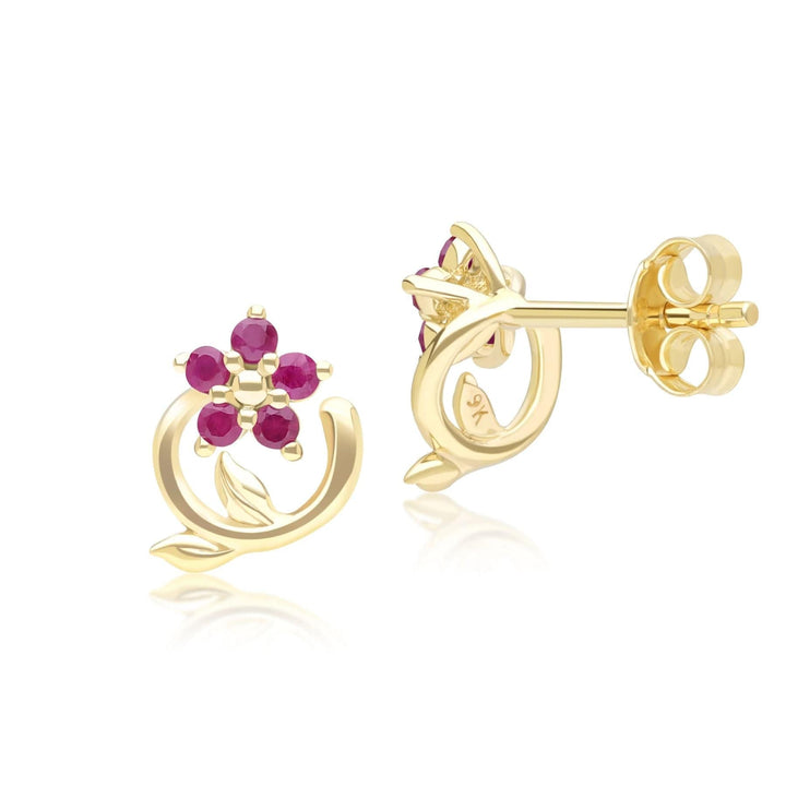 Floral Vine Ruby Stud Earrings in 9ct Yellow Gold