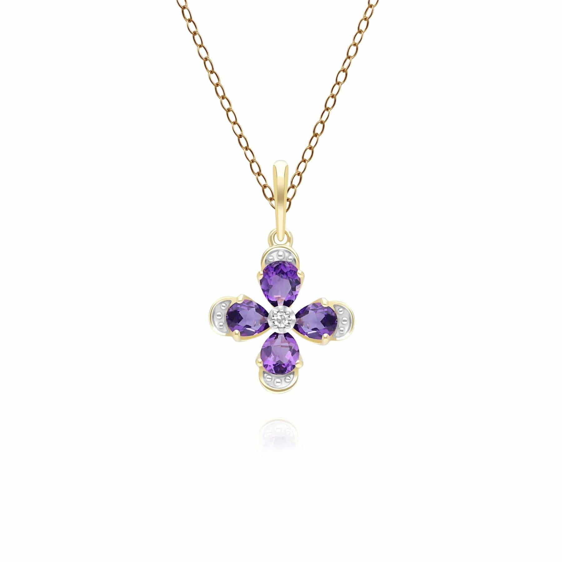 Floral Amethyst & Diamond Pendant Necklace in 9ct Yellow Gold