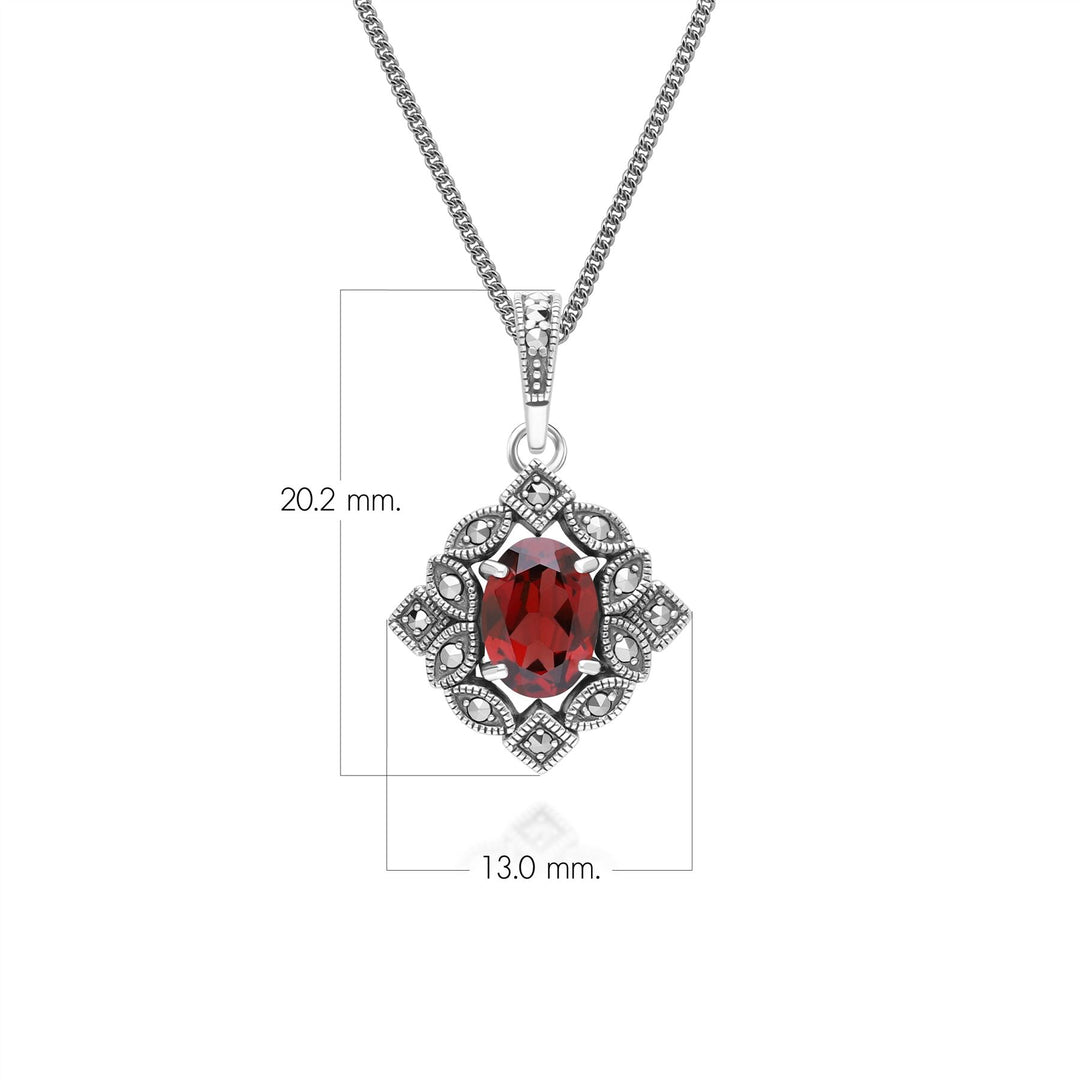 Art Deco Style Oval Garnet & Marcasite Pendant Necklace in Sterling Silver