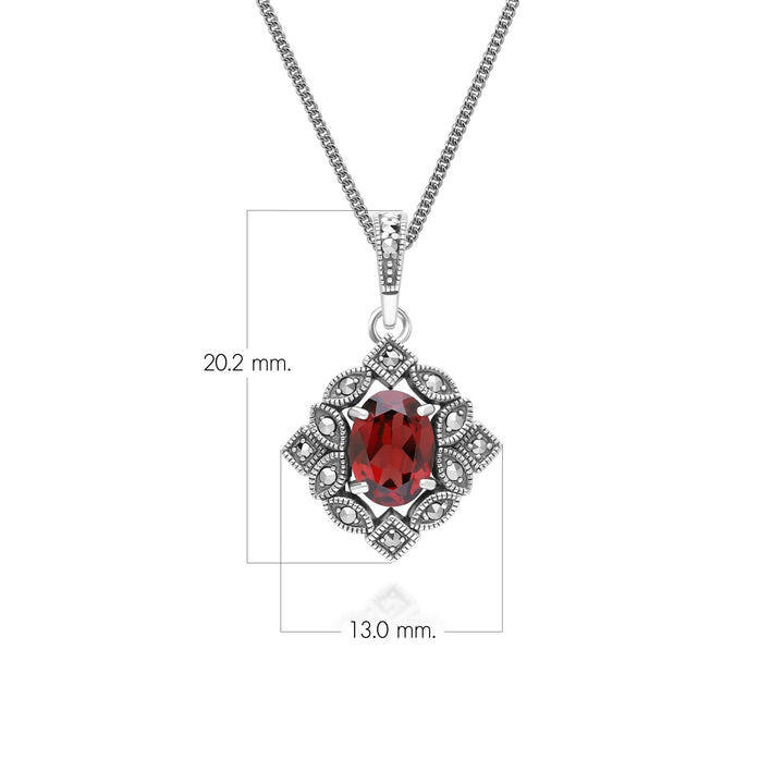 Art Deco Style Oval Garnet & Marcasite Pendant Necklace in Sterling Silver