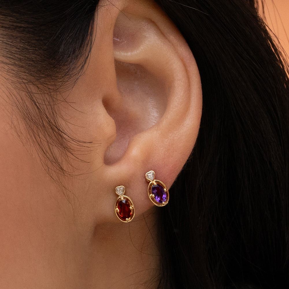 classic-oval-garnet-diamond-heart-stud-earrings-in-9ct-yellow-gold-135e1911049 on Model