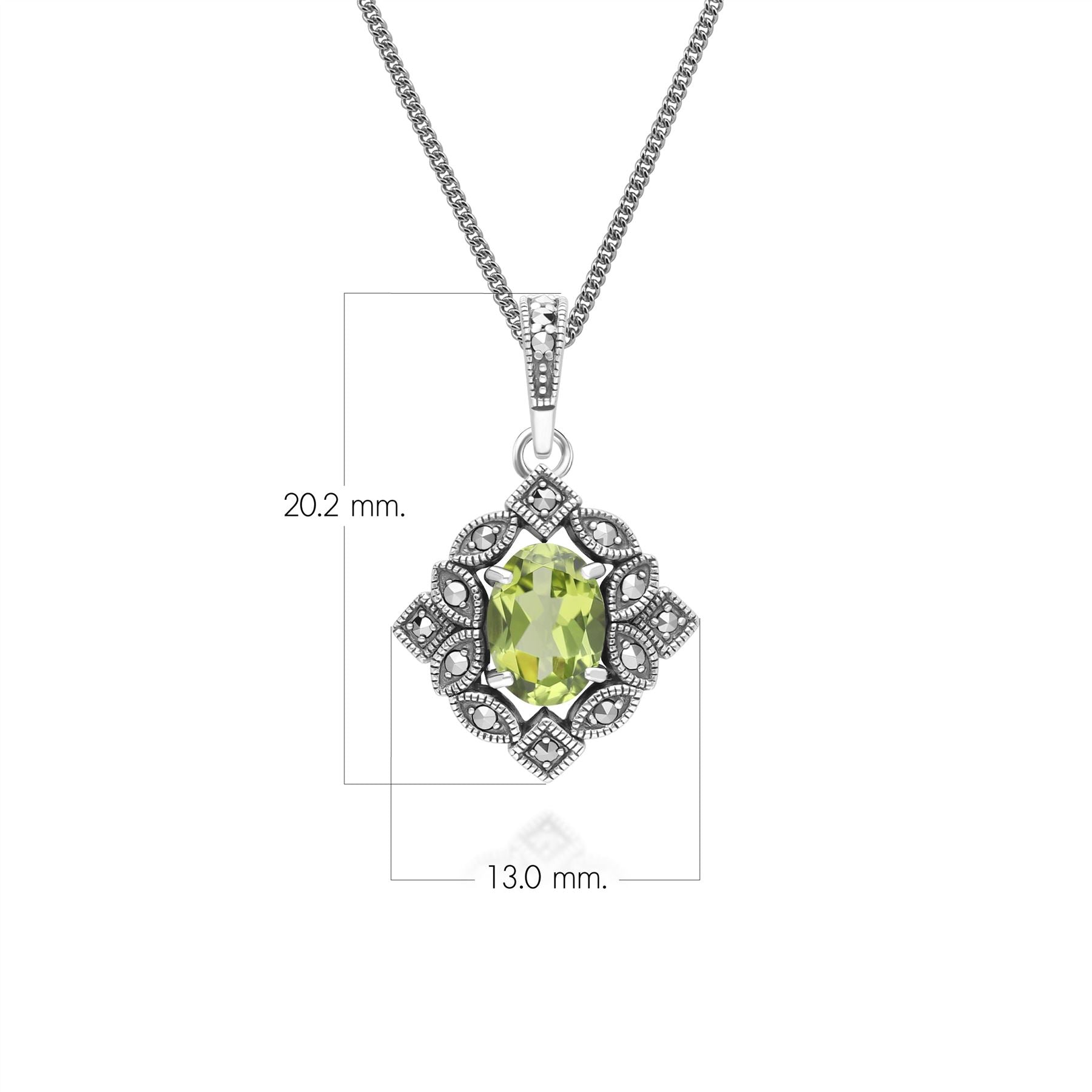 Art Deco Style Oval Peridot & Marcasite Pendant Necklace in Sterling Silver