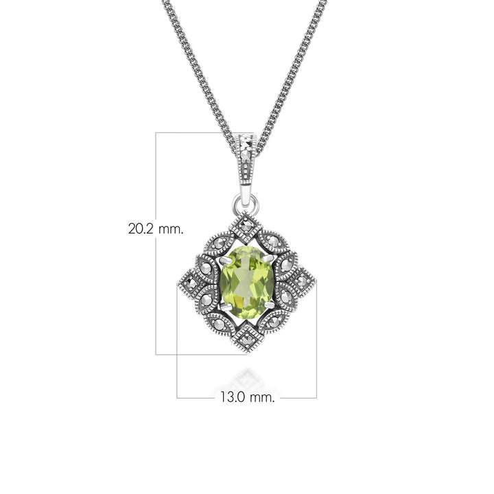 Art Deco Style Oval Peridot & Marcasite Pendant Necklace in Sterling Silver