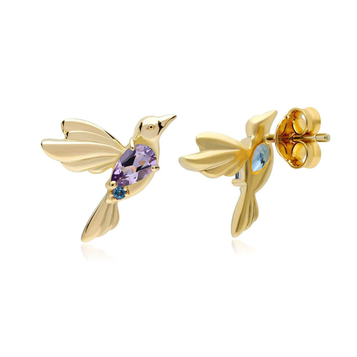ECFEW™ Pink Amethyst and Blue Topaz Hummingbird Stud Earrings in 925 Sterling Silver