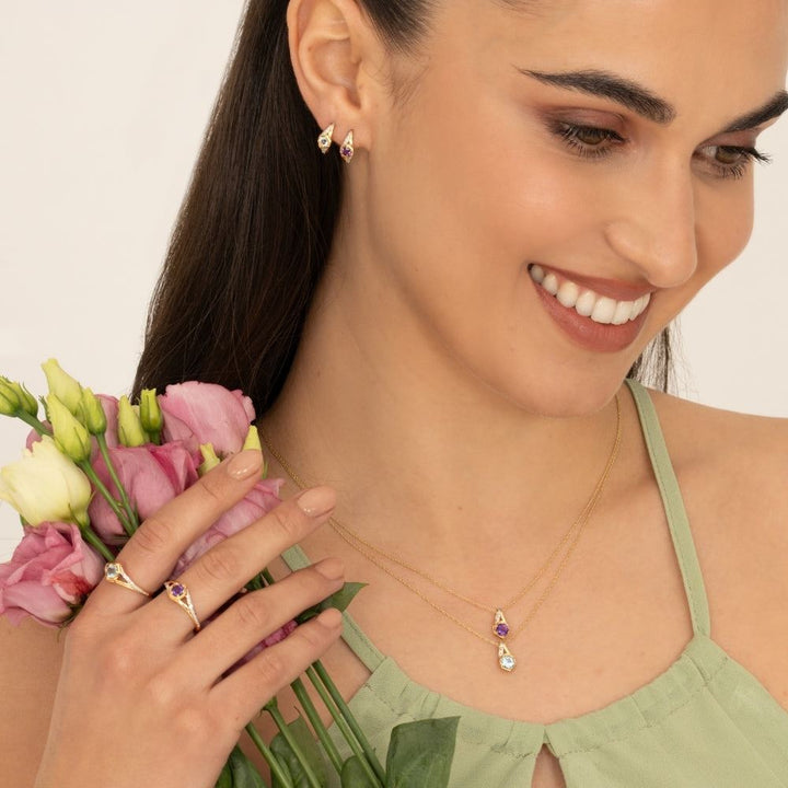 Geometric Hexagon with Prong set Round Amethyst and Diamond Pendant Necklace in 9ct Yellow Gold