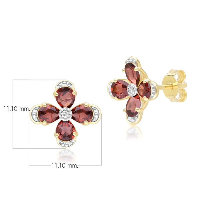 Floral Garnet & Diamond Stud Earrings in 9ct Yellow Gold